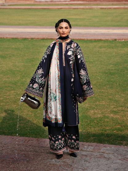 Jugnu By Hussain Rehar Khaddar'25 Embroidered Unstitched 3-Piece Suit-Navi