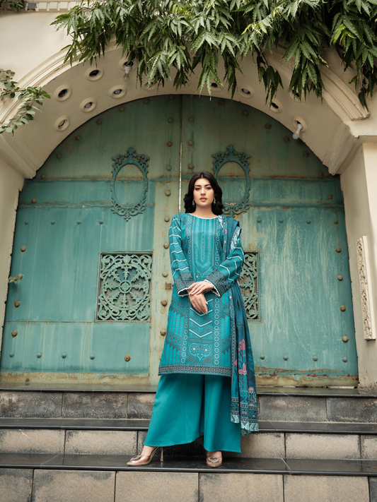 Unstitched 3-piece suit from Motifz showcasing a teal digital printed lawn shirt with geometric and floral details, paired with a matching floral printed dupatta and plain dyed trousers.