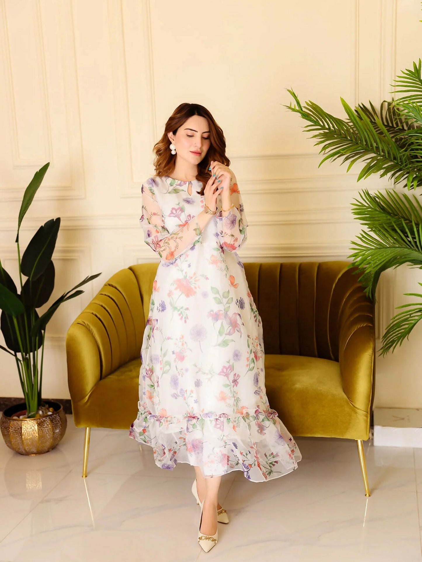 Panache Apparel Organza Printed Frock-Marigold