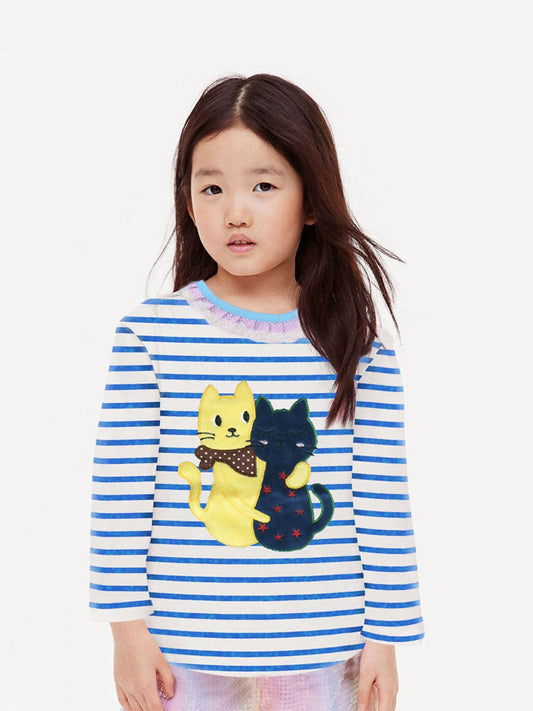 Girls’ cotton tee with frilled striped neckline, long sleeves, and double cat applique on the chest.