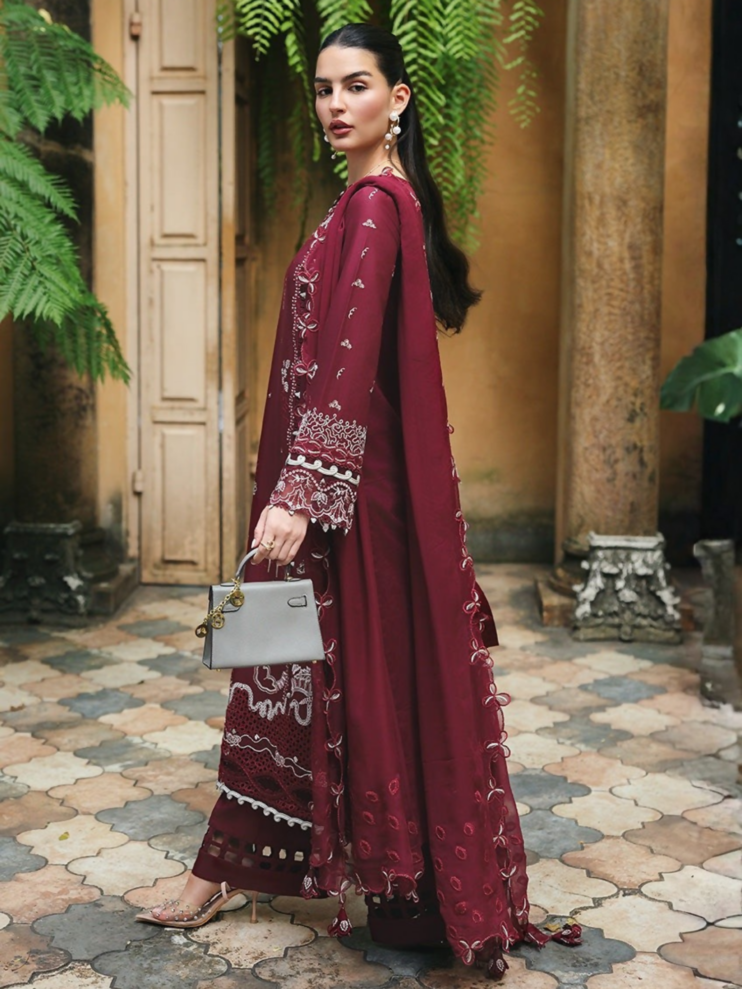 Qalamkar Qline Lawn Drop-1 Embroidered Unstitched 3-Piece Suit-RP-12-Garnet
