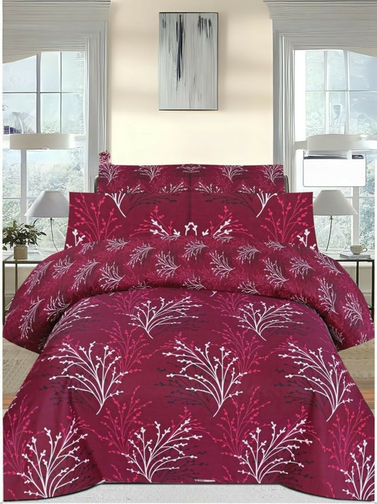 Maroon Danier 6-piece comforter set with white design, including a king size comforter, matching bedsheet, and four pillow covers arranged neatly on a bed.