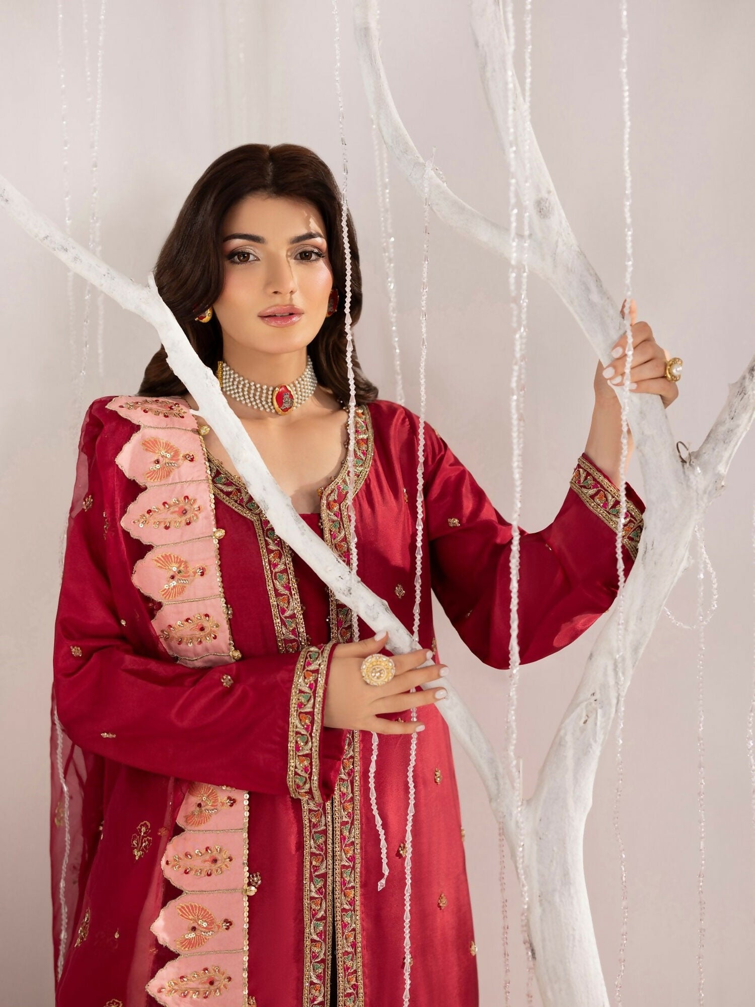 Shurooq Echoes In Bloom Raw Silk Embellished Stitched 3-Piece Suit-Scarlet Reverie