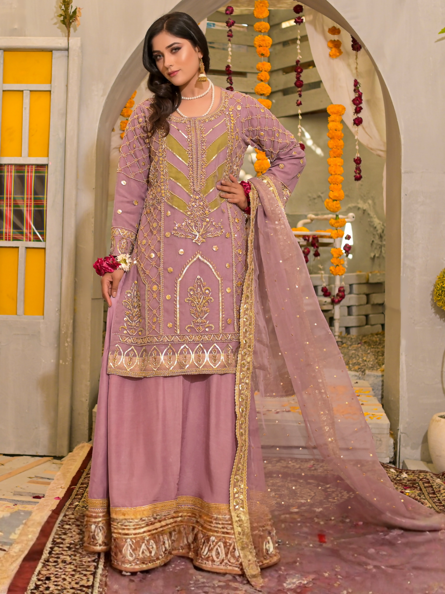 Ruby's Couture Poshak Plain Organza Embellished Lehenga-Mayal