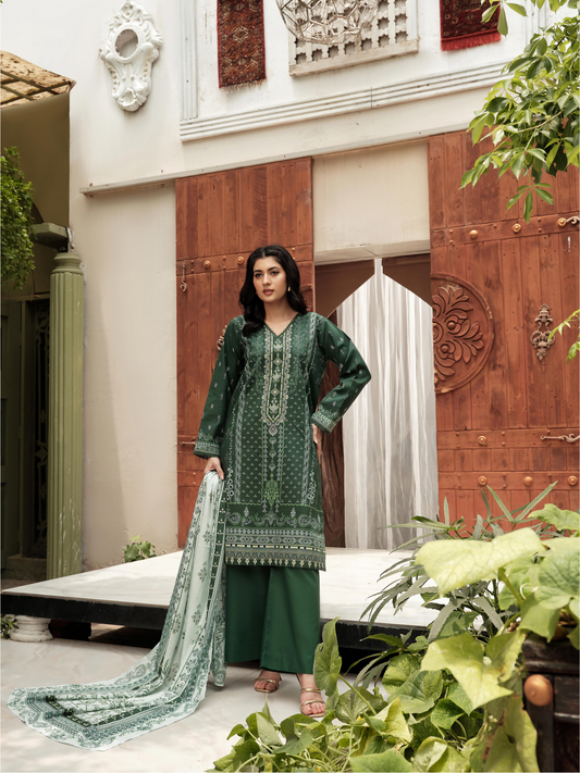 Unstitched 3-piece suit from Motifz featuring a dark green digital printed lawn shirt with intricate patterns, paired with a matching printed dupatta and a plain dyed trouser.