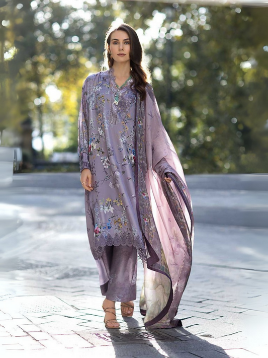 Untitled design (2)Unstitched 3-piece satin suit with printed shirt, embroidered organza neckline and daman patches, printed satin trouser, and a printed silk dupatta, displayed without additional accessories.
