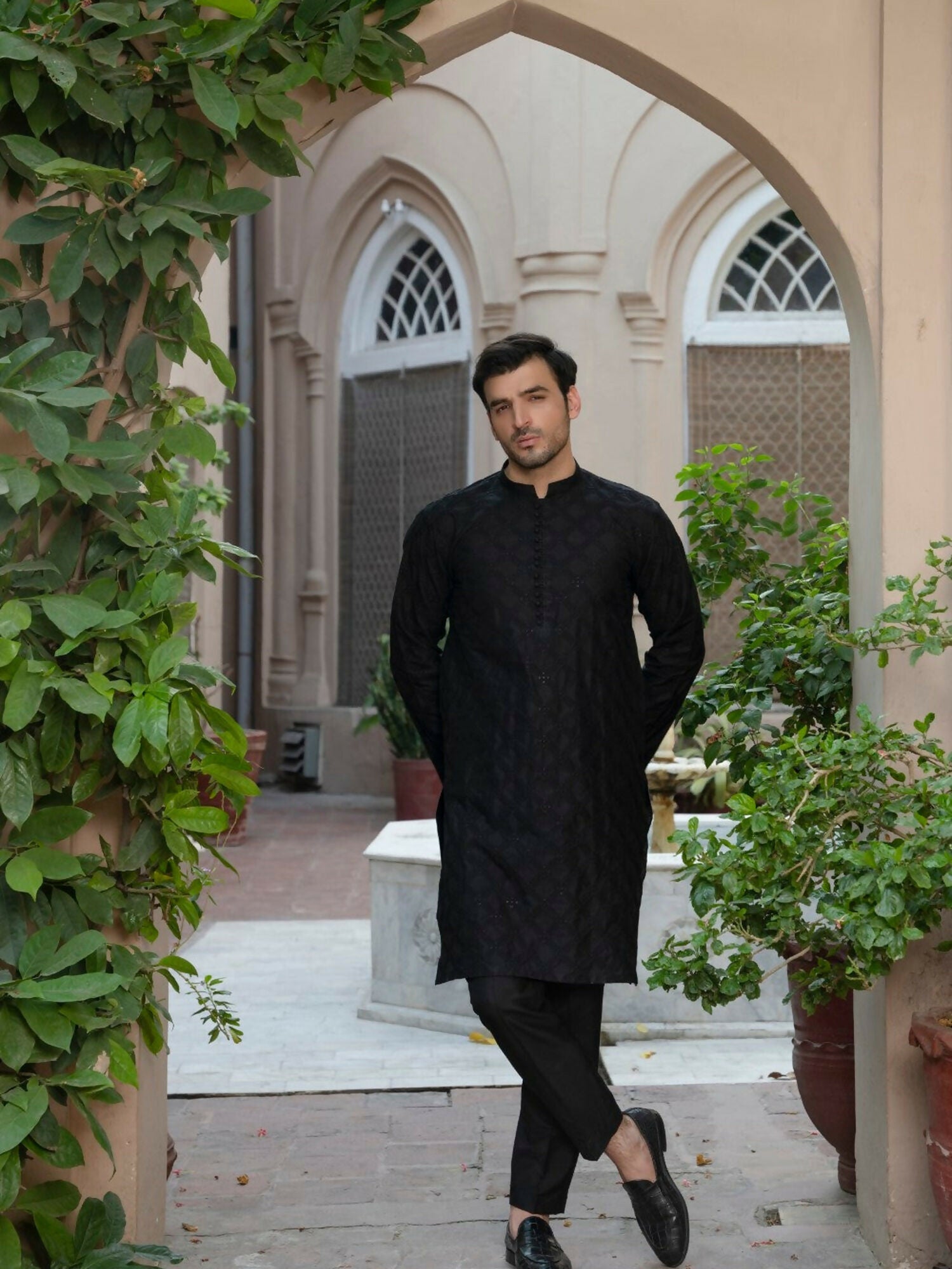 Black Fabrich Men Embroidered Unstitched Shalwar Kameez-GTS-SS-016