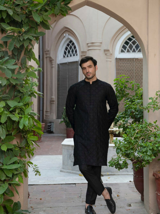 Black Fabrich Men Embroidered Unstitched Shalwar Kameez-GTS-SS-016