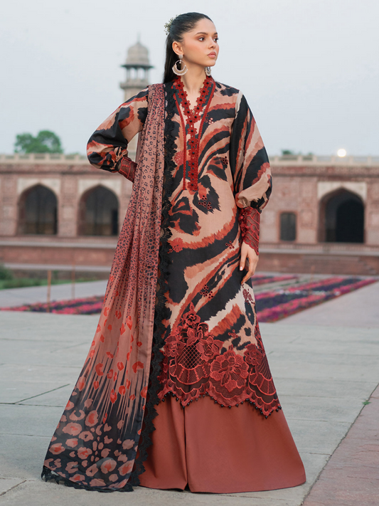 Embroidered digital printed shirt with organza sleeve and daman lace, paired with chiffon dupatta and dyed cotton trouser.