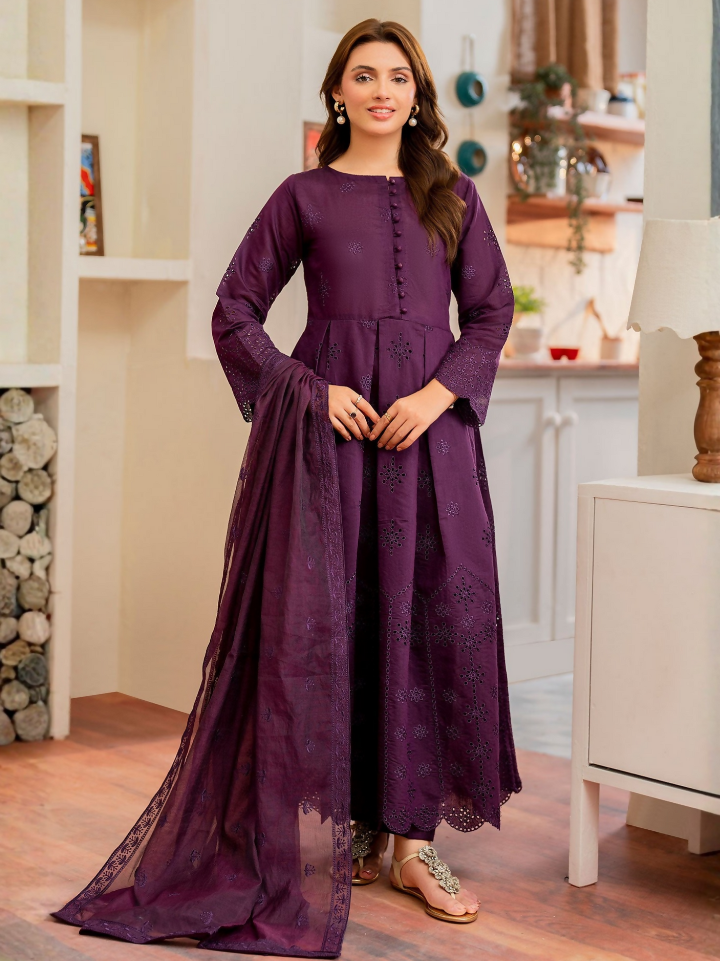 Panache Apparel Daily Essentials RTW Cambric Katan Embroidered Stitched 3-Piece Suit-Flux