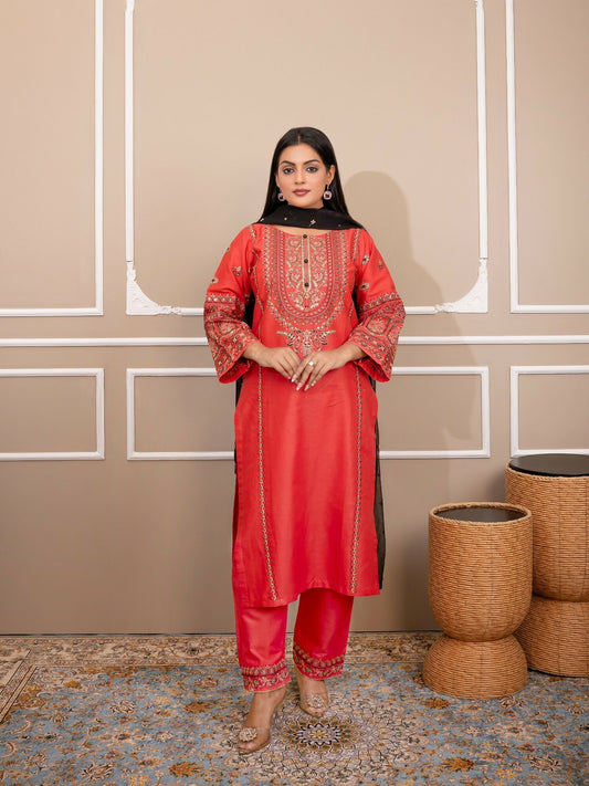 Tehzeeb Libas Cotton Lawn Embroidered Stitched 3-Piece Suit-NOOR