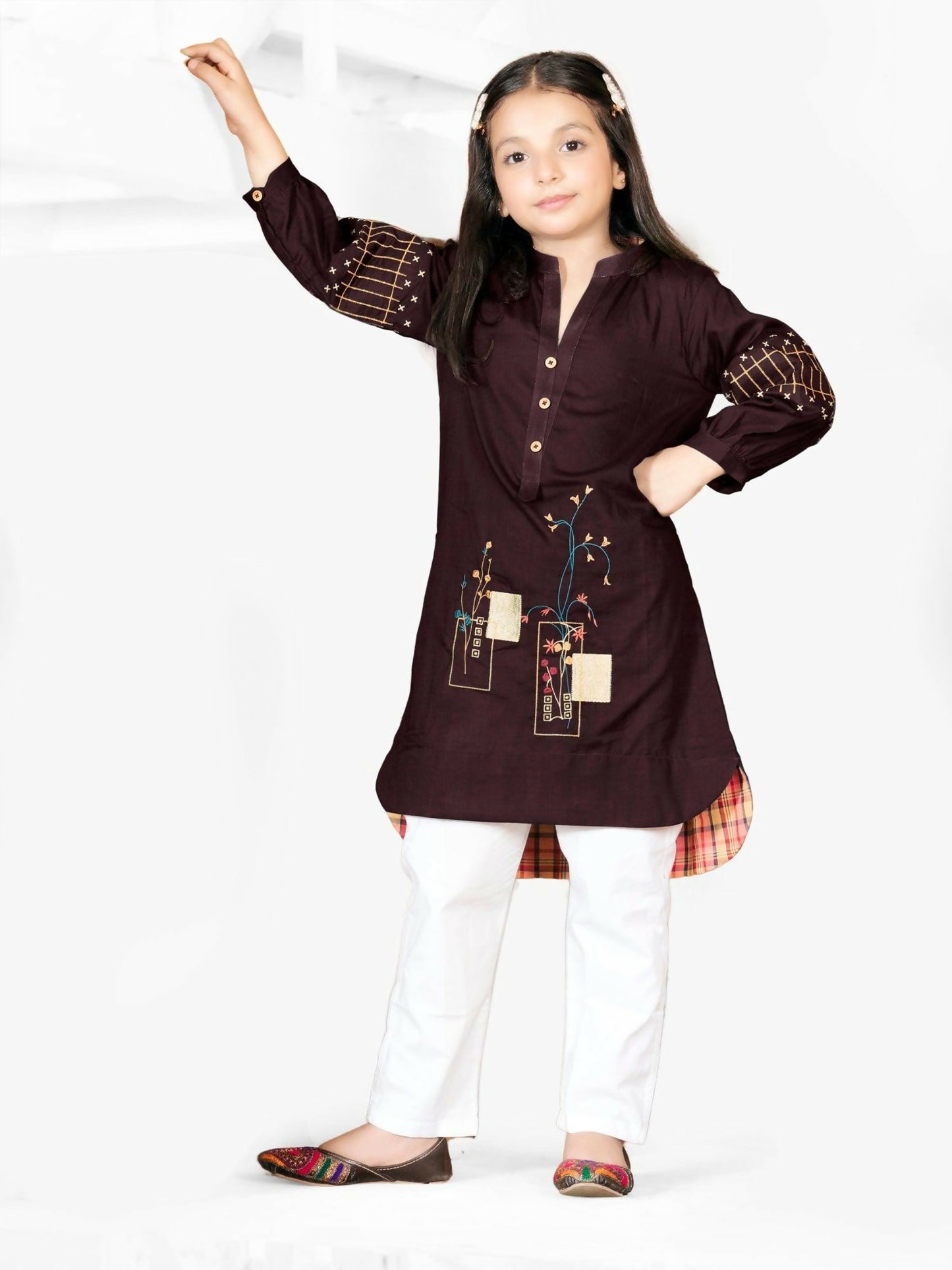 Drk Brown Velvour Girls Embroidred Co-ord Set-VG64-B