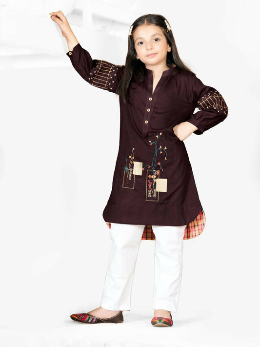 Drk Brown Velvour Girls Embroidred Co-ord Set-VG64-B