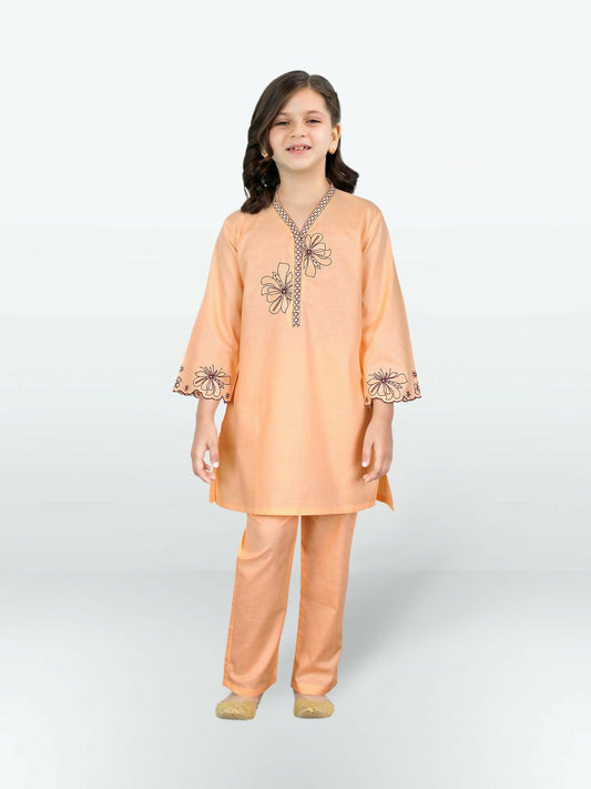 Peach Velvour Girls Embroidered Stitched 2-Piece Suit-VG131-A
