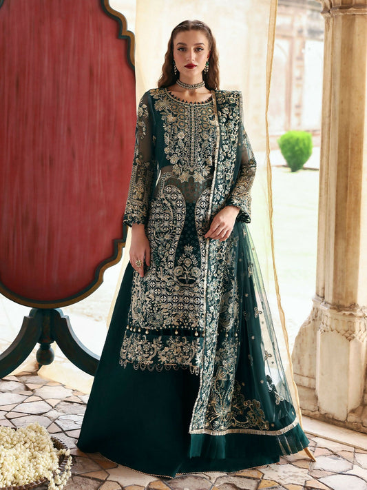 Emerald Green Parishay Jahanara Luxury (Formals) Organza Embroidered Unstitched 3-Peice Suit-JRA - 08