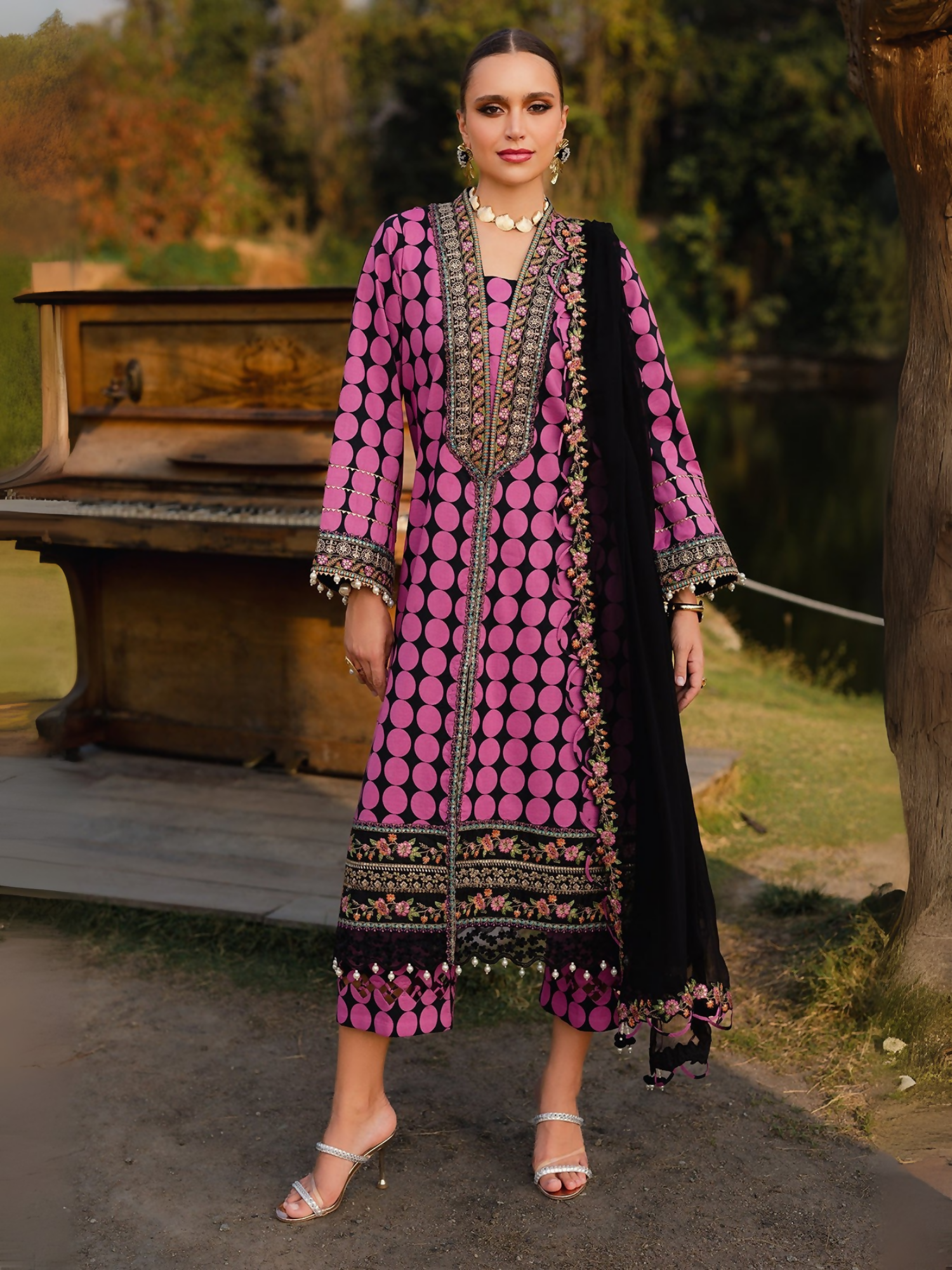 printed lawn shirt and trouser with embroidered front, sleeves, and chiffon dupatta.