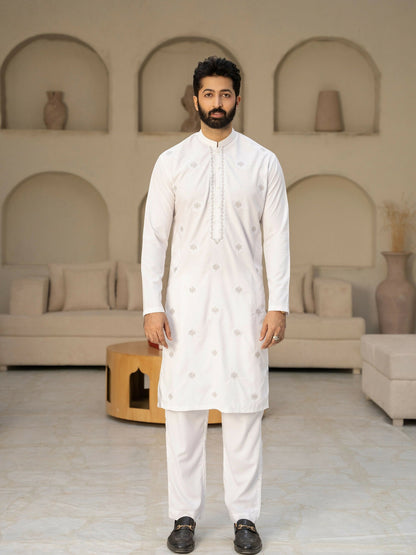 Fabrich Men Wash & Wear Embroidered Unstitched Shalwar Kameez-Off White