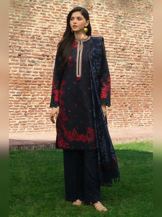 Deep Blue Zara Shahjahan Luxury Khaddar Embroidered Unstitched 3-Piece Suit-DARYA-D2