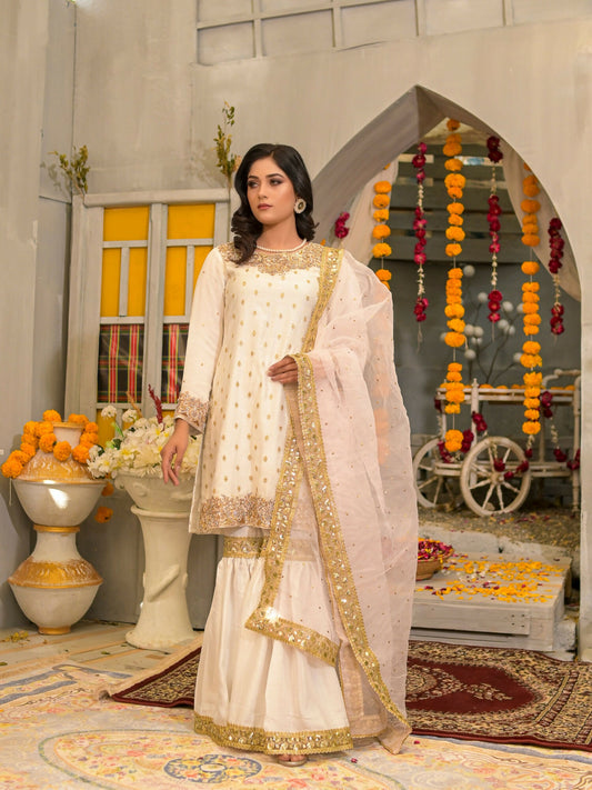 Ruby's Couture Poshak Cotton Net Embellished Gharara-Jugni