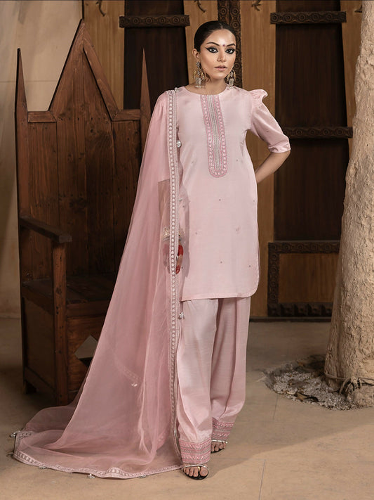 Hemstitch Raw Silk Embroidered Stitched 3-Piece Suit-Aleeha