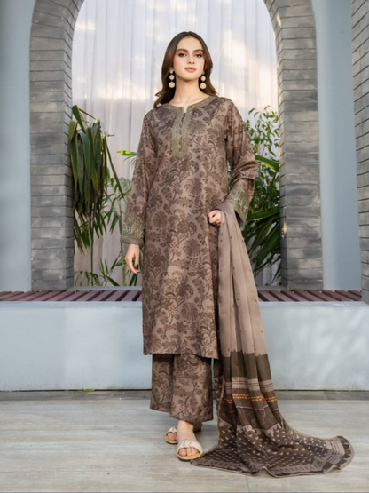 Panache Apparel Fiona SS'25 Cambric Lawn Embroidered Stitched Suit-Fawn