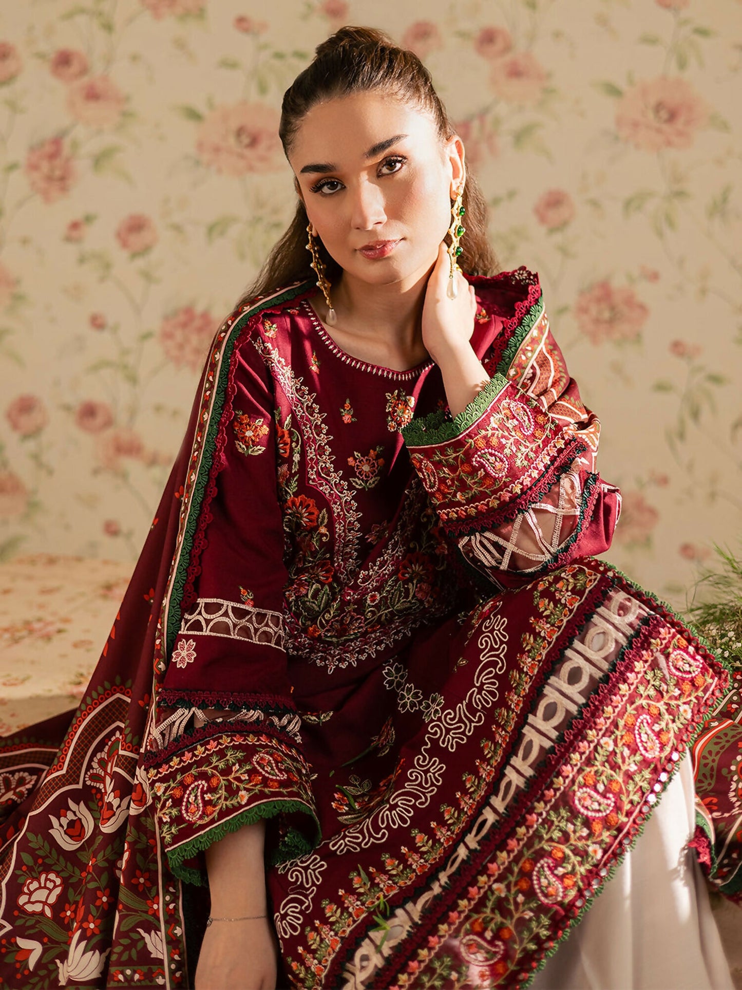 Mahnur Kaia Slub Linen Embroidered Stitched 3-Piece Suit-K- 12