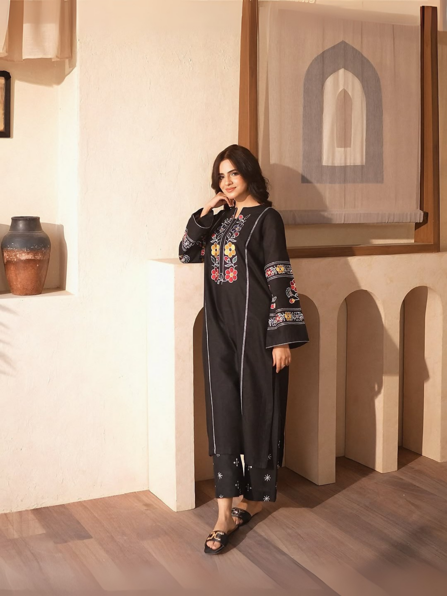 Tehzeeb Libas 2-piece suit with embroidered Doria cotton long shirt and matching embroidered plazo.