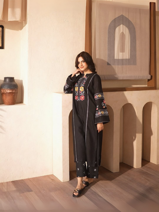 Tehzeeb Libas 2-piece suit with embroidered Doria cotton long shirt and matching embroidered plazo.