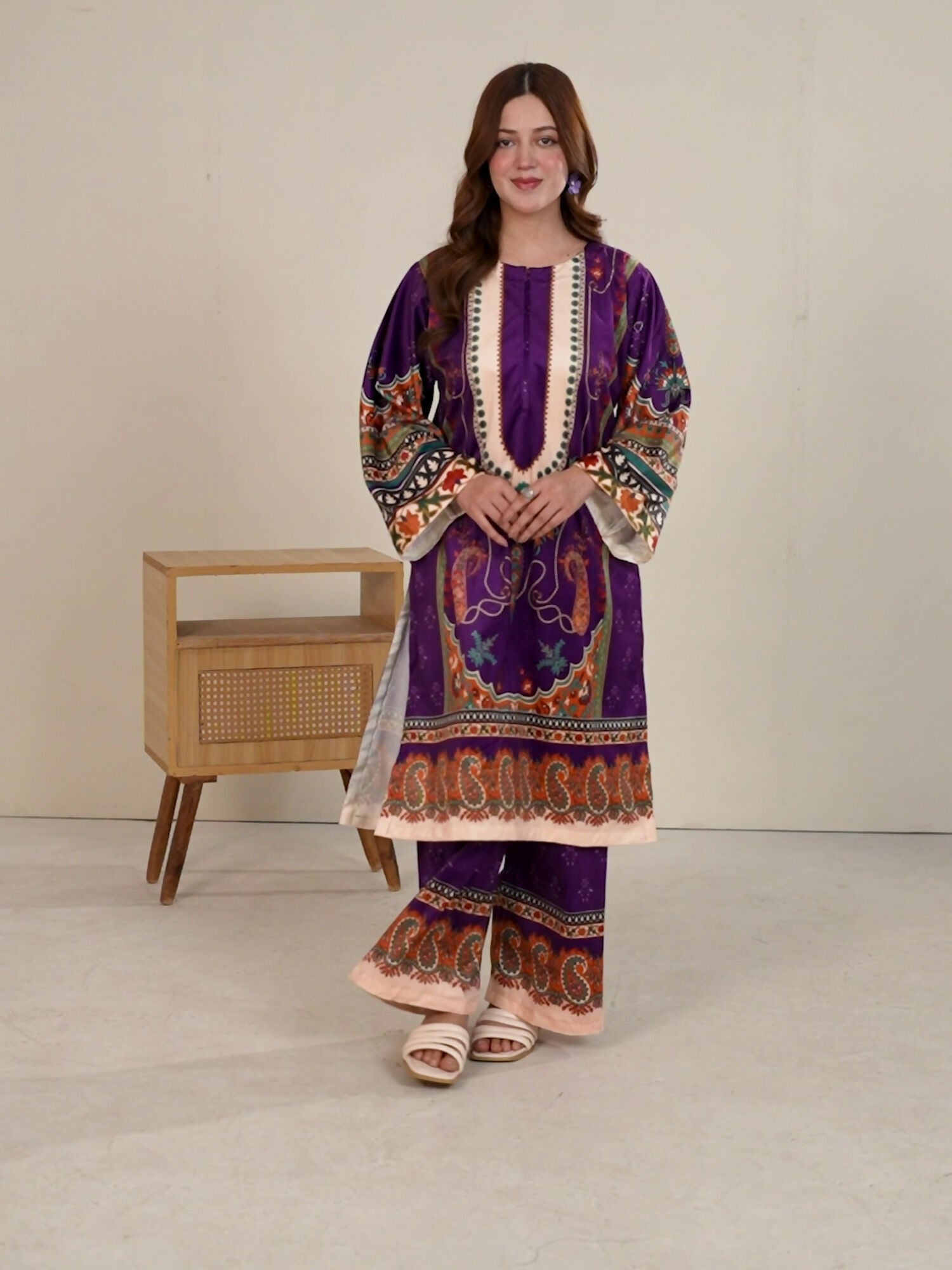 Stylish Collection Velvet Vogue Printed Co-Ord Set-Purple Pretty