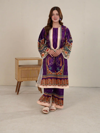 Stylish Collection Velvet Vogue Printed Co-Ord Set-Purple Pretty