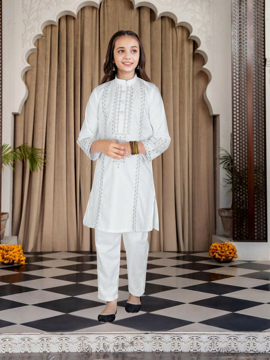 Off-White Velvour Girls Embroidred Co-ord Set-VG103-D