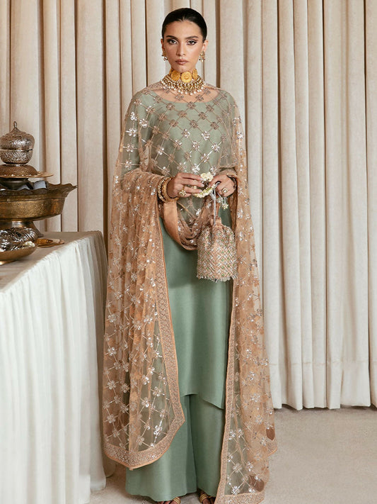 Hussain Rehar – Pistachio Raw Silk Shirt with Palazzo Pants and Peach Net Sequin Dupatta