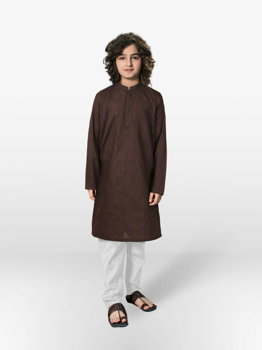 Dark Brown Velvour Boys Embroidered Kurta Set-VB184