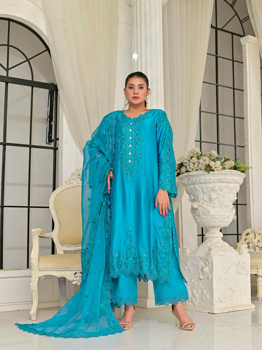 Farooq Hameed Studio Silk Embroidered Stitched 3-Piece Suit-Elli