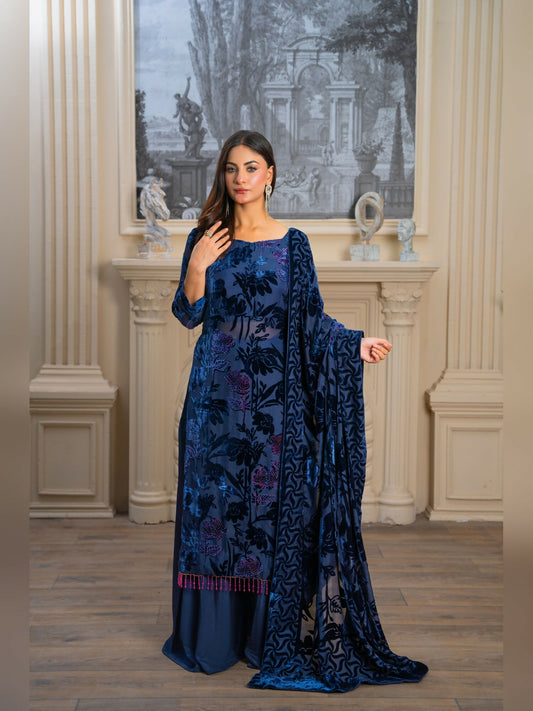 Noori Palachi Embossed Printed With Stone Work Unstitched 3-Piece Suit