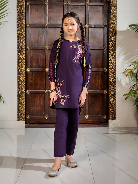 Deep Purple Velvour Girls Embroidered Stitched 2-Piece Suit-VG97-A