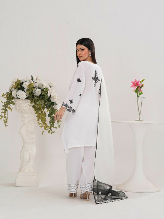 Stylish Collection Saya Pret Cotton Embroidered 3-Piece Suit-White Charm