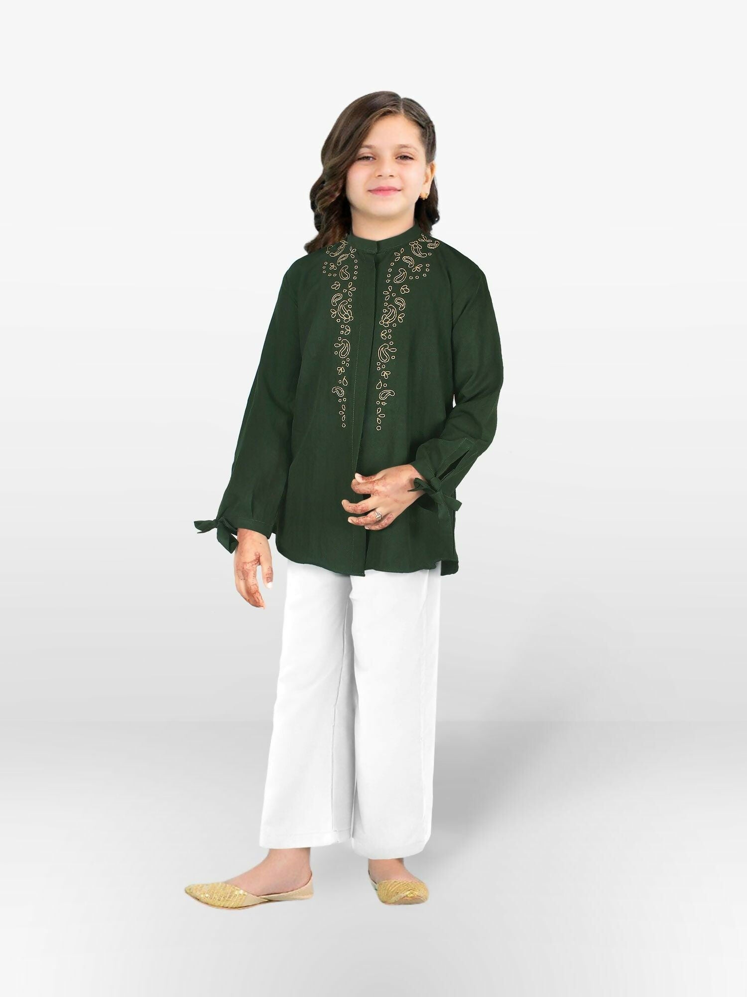 Green Velvour Girls Embroidered Stitched Tunic-VG127-A