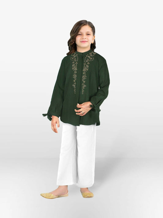 Green Velvour Girls Embroidered Stitched Tunic-VG127-A