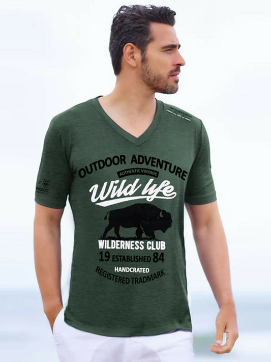 Olive Funky's Printed Out Door Edventure V Neck Tee Shirt-14402
