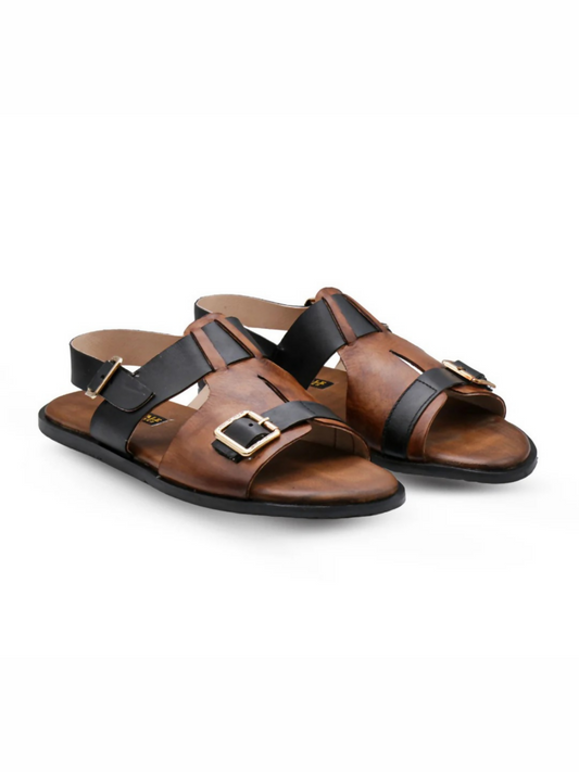 Brown and black BRA leather men's sandals with dual straps and gold-tone buckles by Royale Leather, displayed at an angle on a white background.