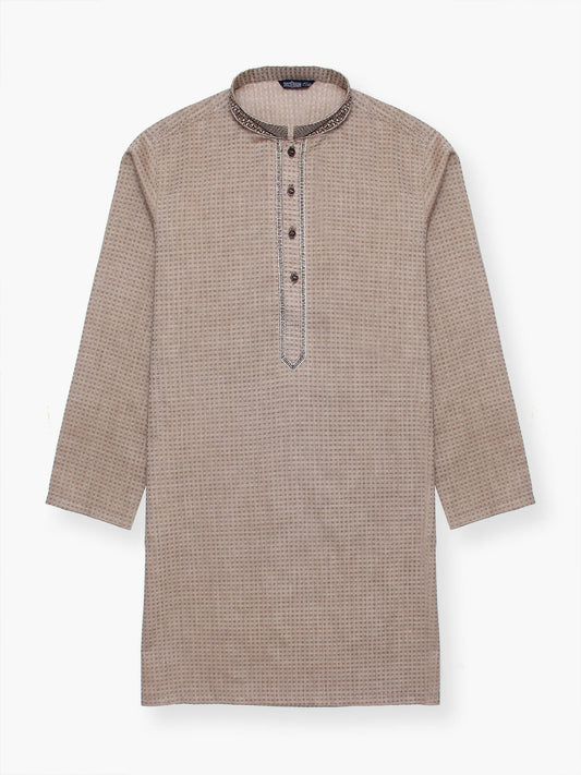 Boy wearing embroidered stitched cotton kurta with mandarin collar, full sleeves, and regular fit, ideal for festive and traditional occasions