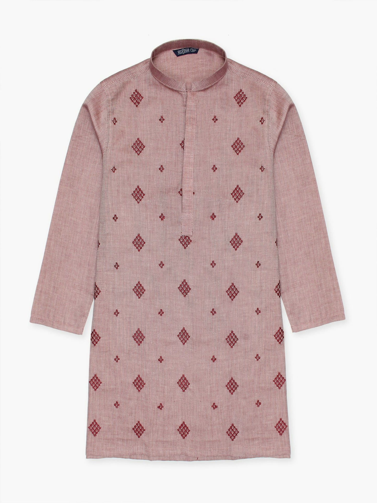 Boy wearing embroidered stitched cotton kurta with mandarin collar, full sleeves, and regular fit, perfect for cultural and festive wear