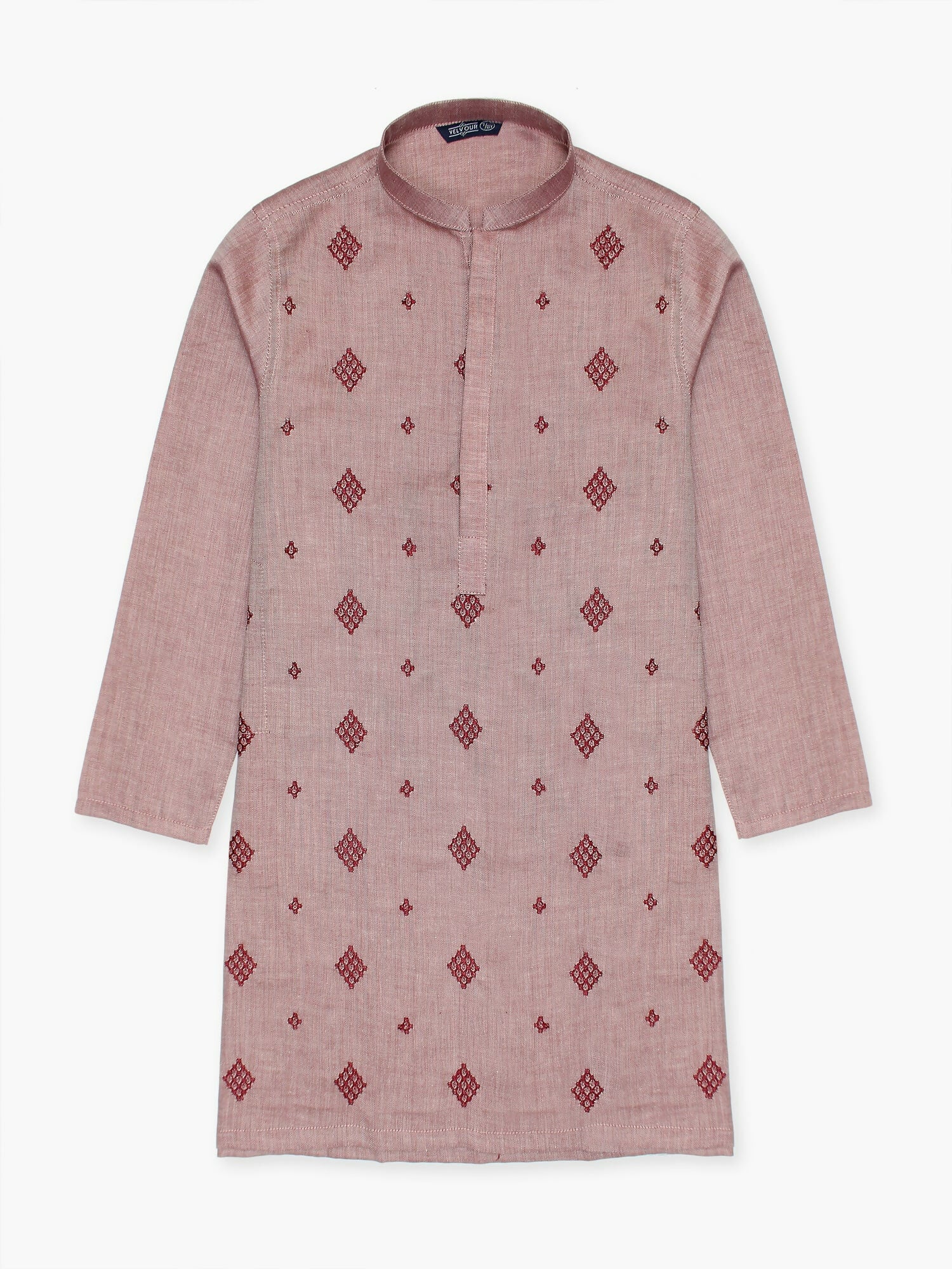 Boy wearing embroidered stitched cotton kurta with mandarin collar, full sleeves, and regular fit, perfect for cultural and festive wear