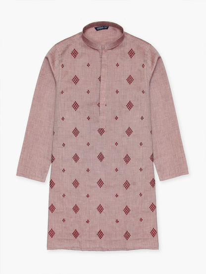 Boy wearing embroidered stitched cotton kurta with mandarin collar, full sleeves, and regular fit, perfect for cultural and festive wear