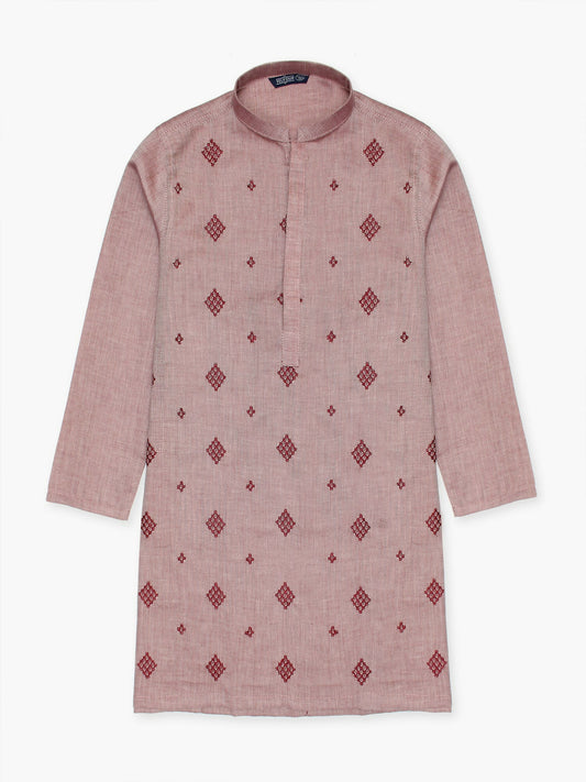 Boy wearing embroidered stitched cotton kurta with mandarin collar, full sleeves, and regular fit, perfect for cultural and festive wear