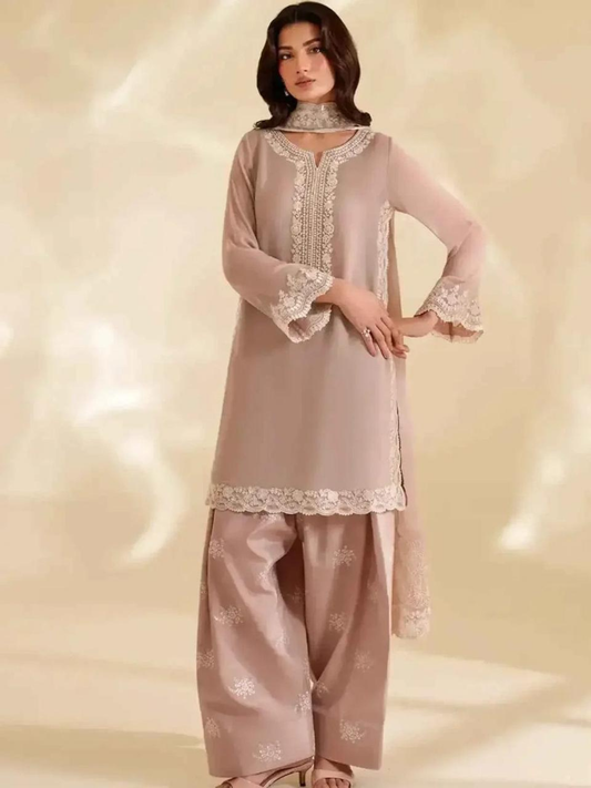 Savarna Chiffon Embroidered Stitched 3-Piece Suit