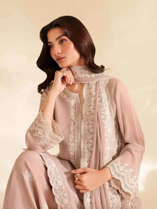 Savarna Chiffon Embroidered Stitched 3-Piece Suit