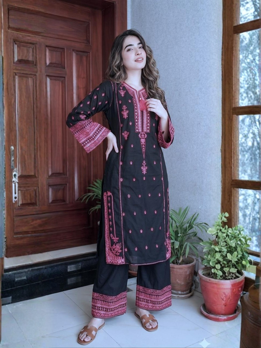 Black Savarna Cotton Embroidered Stitched 2-Piece Suit