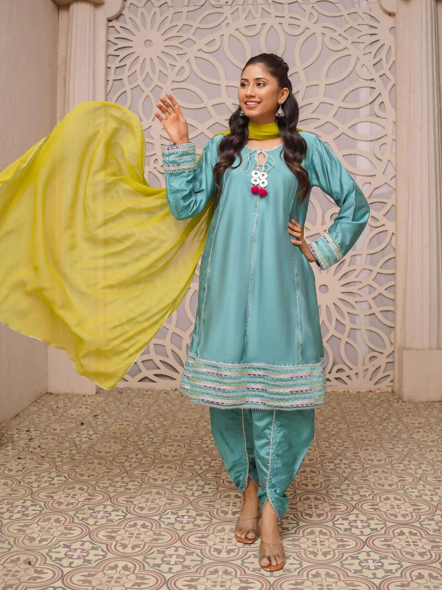 Kidoz Kloset Rang Rasiya Cotton Silk Embroidered Stitched 3-Piece Suit-Ocean Breeze-Women